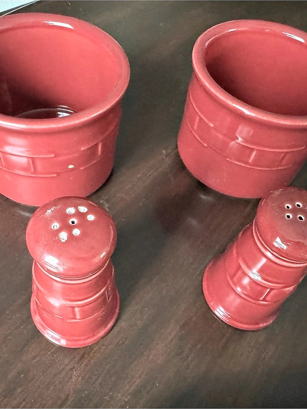 Longaberger Woven Traditions Paprika Salt & Pepper Shakers and Small Crocs Set